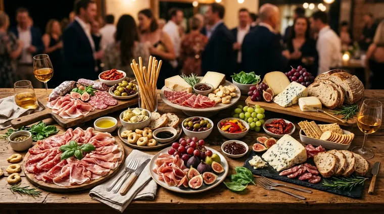 Antipasto table spread with cheeses and cured meats
