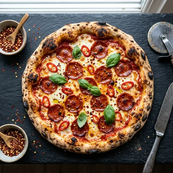 Freshly fired gourmet pizza