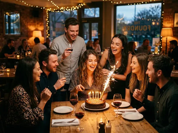 Friends laughing around a sparkling birthday cake